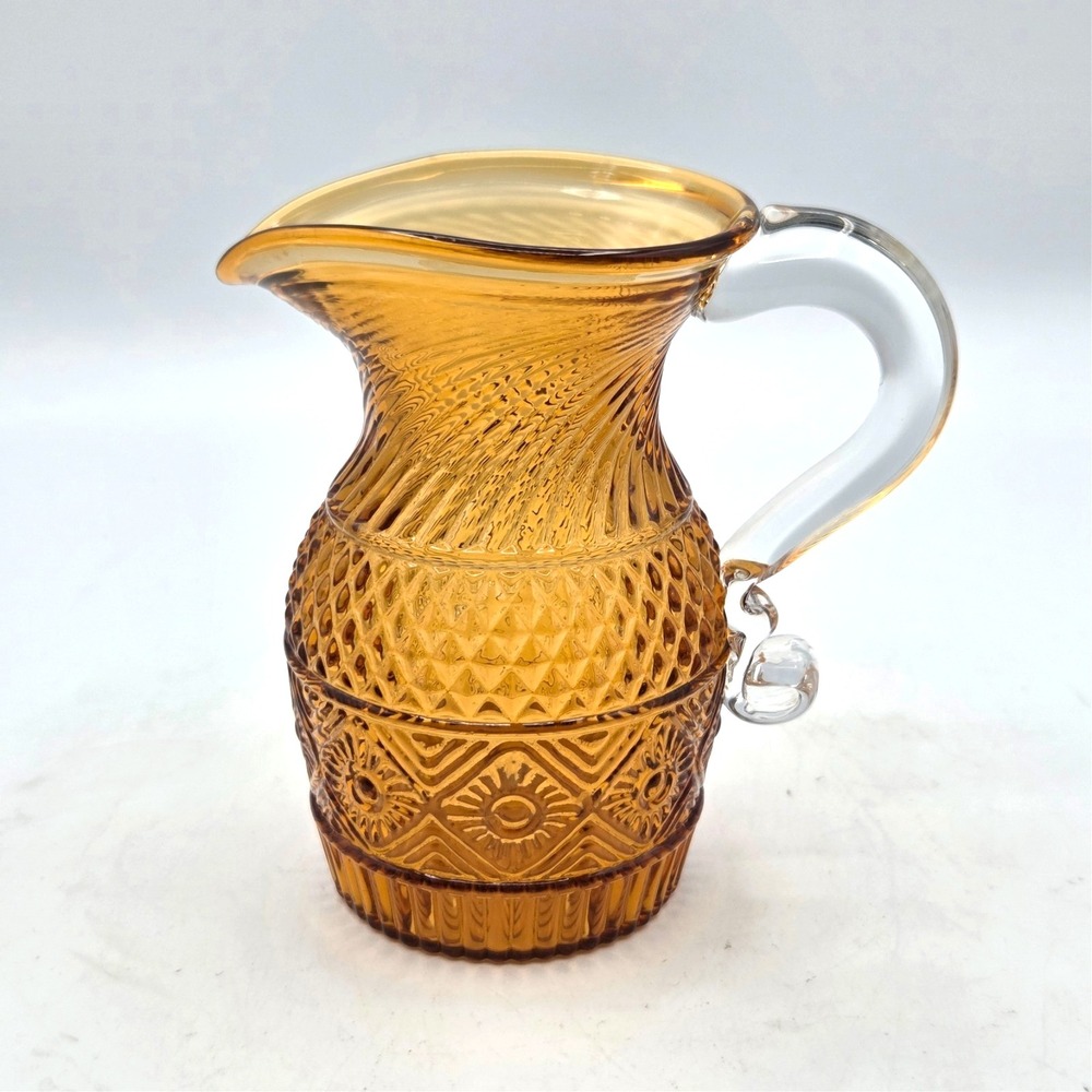 VINTAGE Amber Art Glass Mini Pitcher Clear Handle Gold‎ Ewer Vase Creamer 1960s